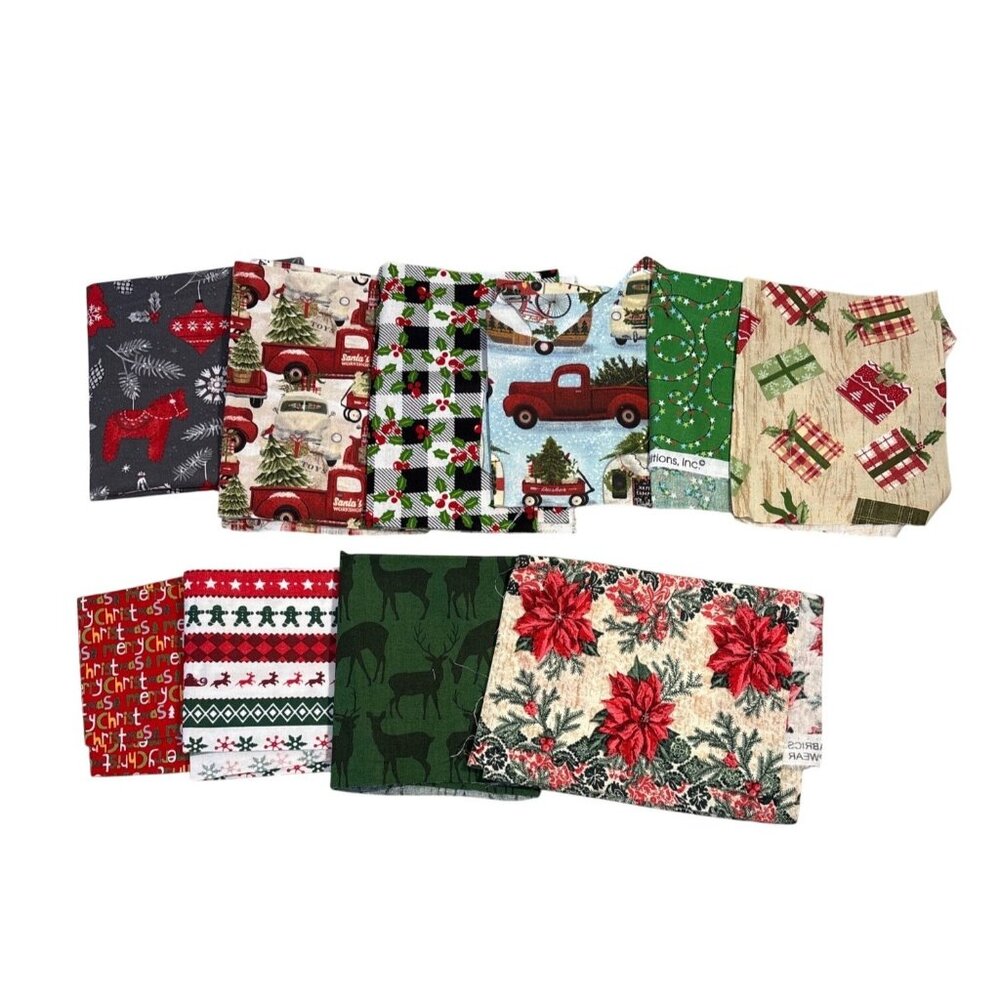 Christmas Fabric Scrap Bundle Assorted Patterns Cotton 10 Pcs Trucks Elves Deer